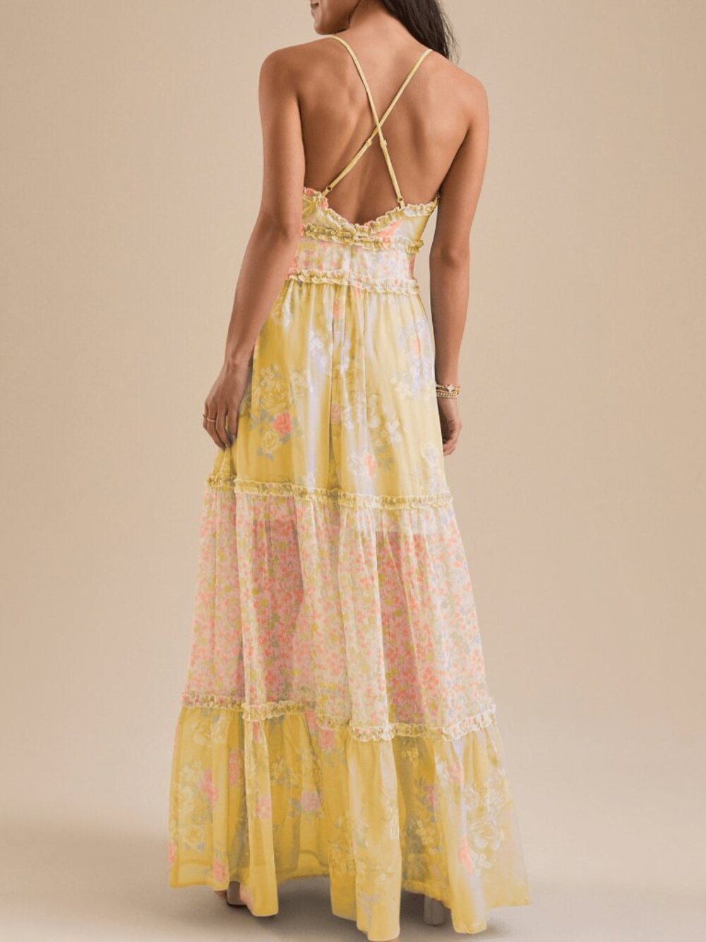 Light Yellow Boho Women's Floral Cami Sleeveless V-Neck Flowy A-Line Party Dress - Picture 3 of 4
